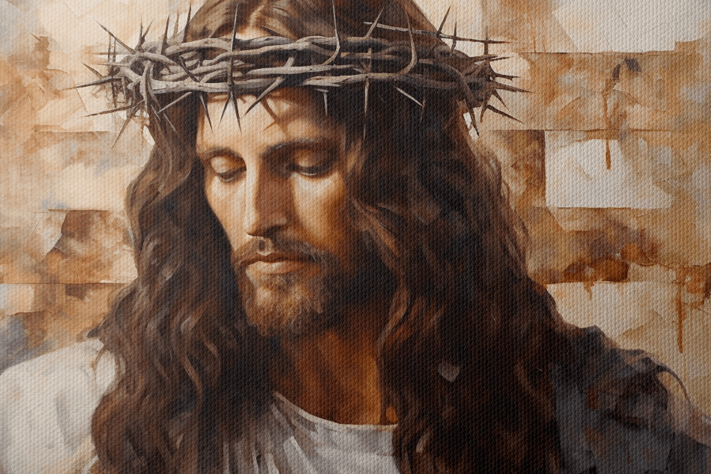 Closeup of Canvas Wall Art portrait of Jesus Christ painted with neutral colors wearing a white robe and a crown of thorns