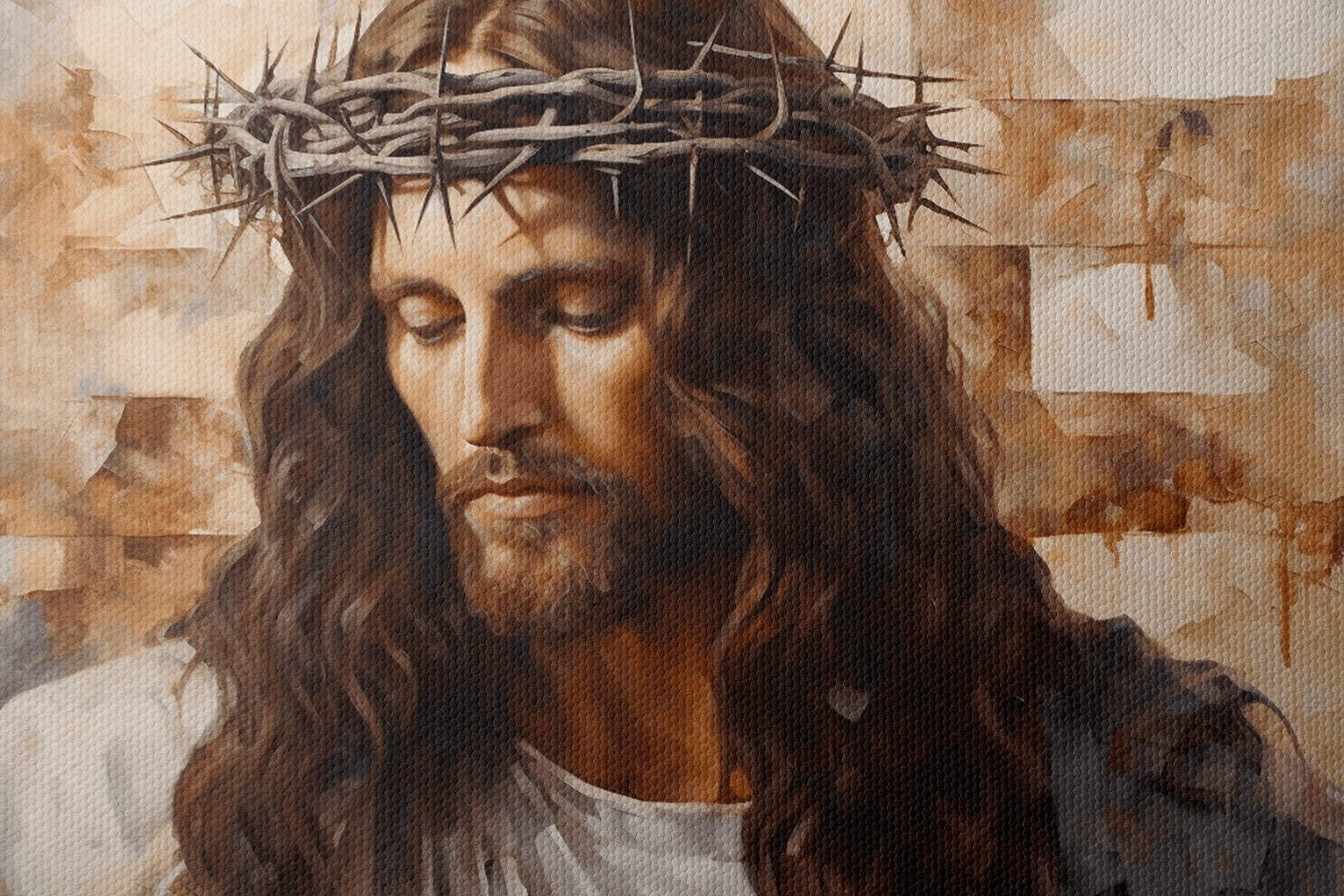 Closeup of Canvas Wall Art portrait of Jesus Christ painted with neutral colors wearing a white robe and a crown of thorns