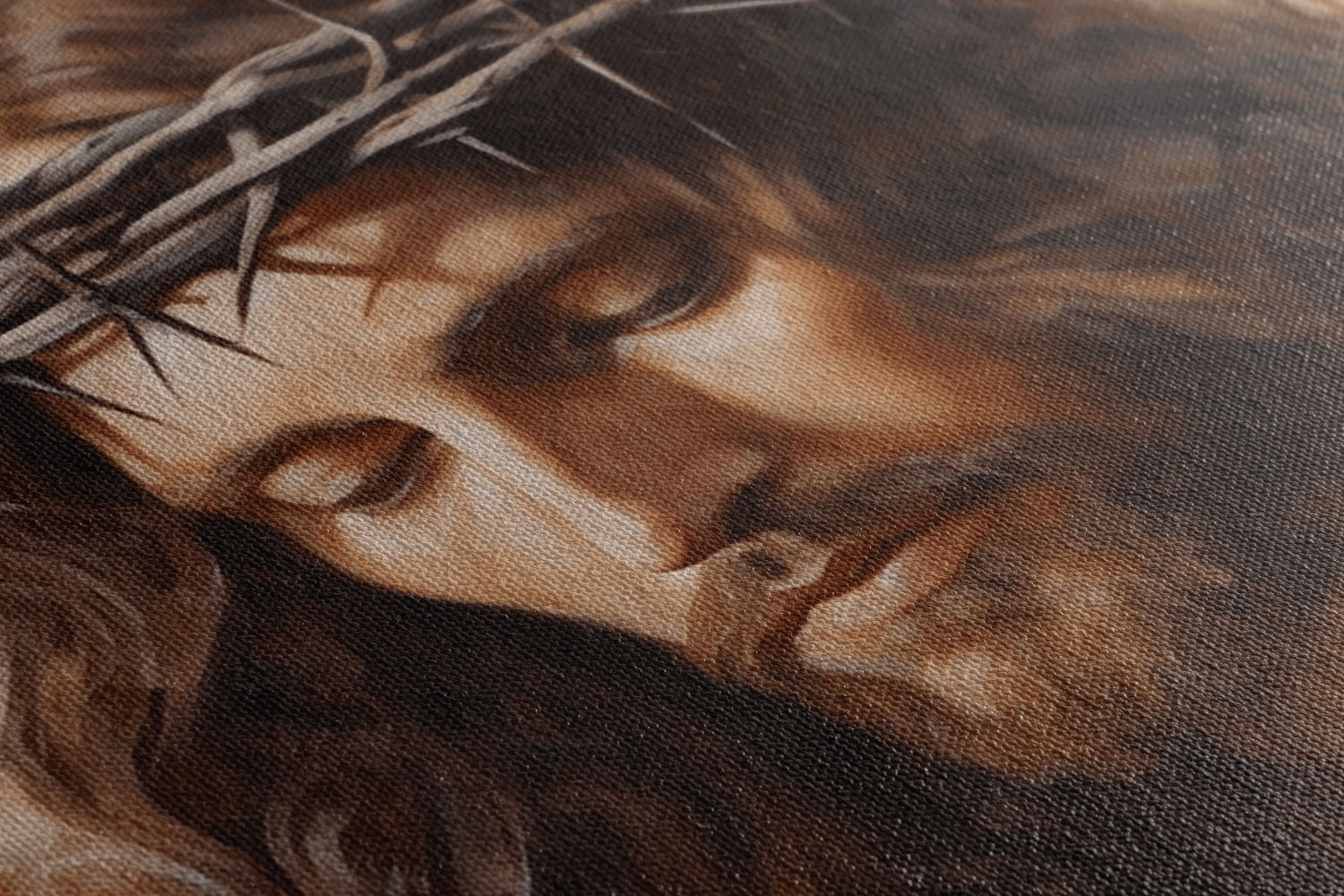 Detailed closeup of Canvas Wall Art portrait of Jesus Christ painted with neutral colors wearing a white robe and a crown of thorns