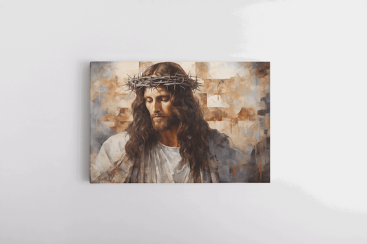 Canvas Wall Art portrait of Jesus Christ painted with neutral colors wearing a white robe and a crown of thorns