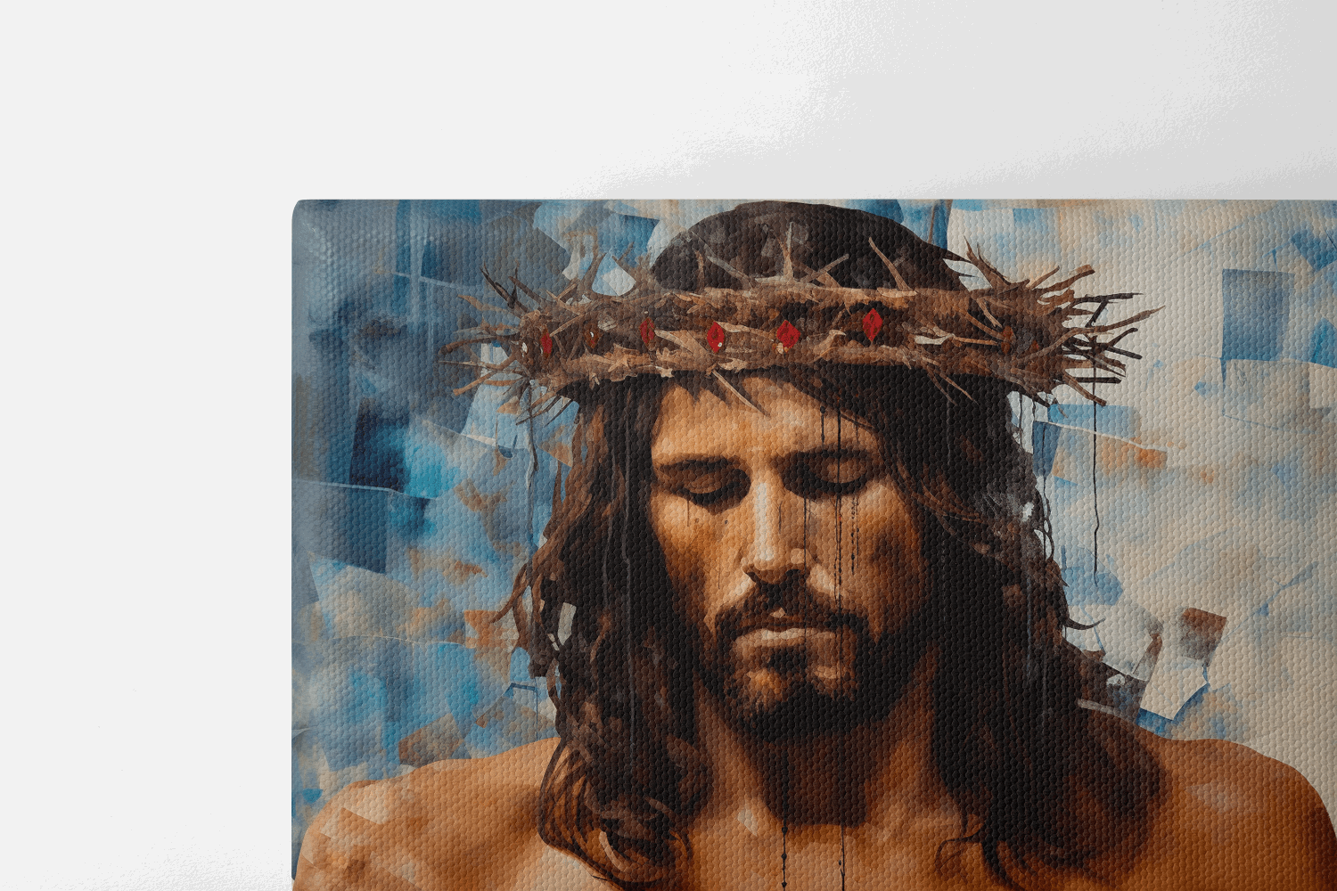 Top half of Canvas Wall Art Catholic Painting of a portrait of Jesus Christ with a crown of thorns in front of an abstract background