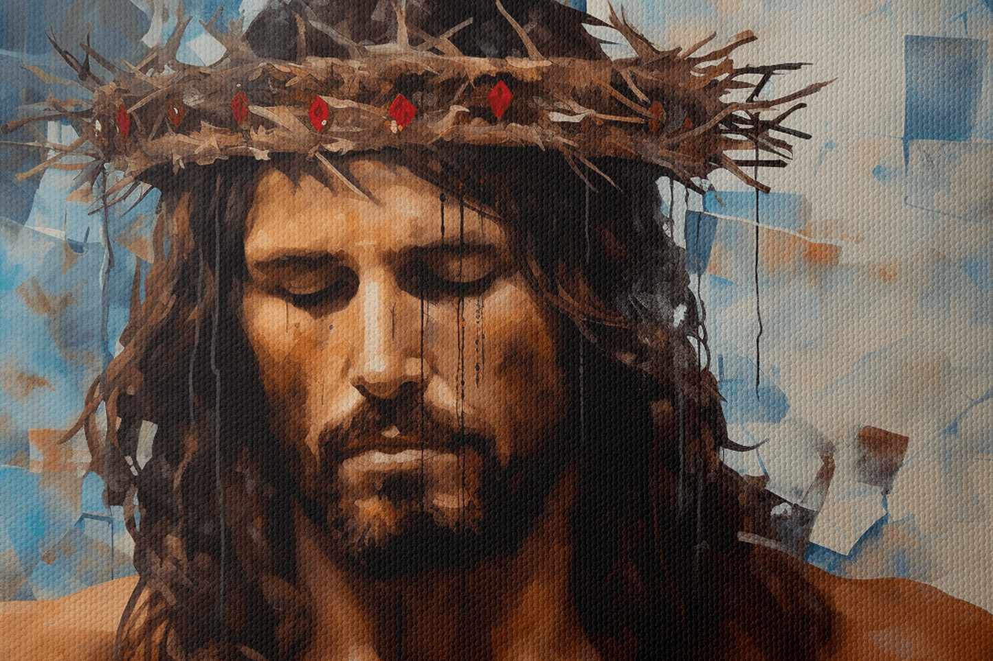 Closeup of Canvas Wall Art Catholic Painting of a portrait of Jesus Christ with a crown of thorns in front of an abstract background