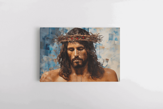 Canvas Wall Art Catholic Painting of a portrait of Jesus Christ with a crown of thorns in front of an abstract background