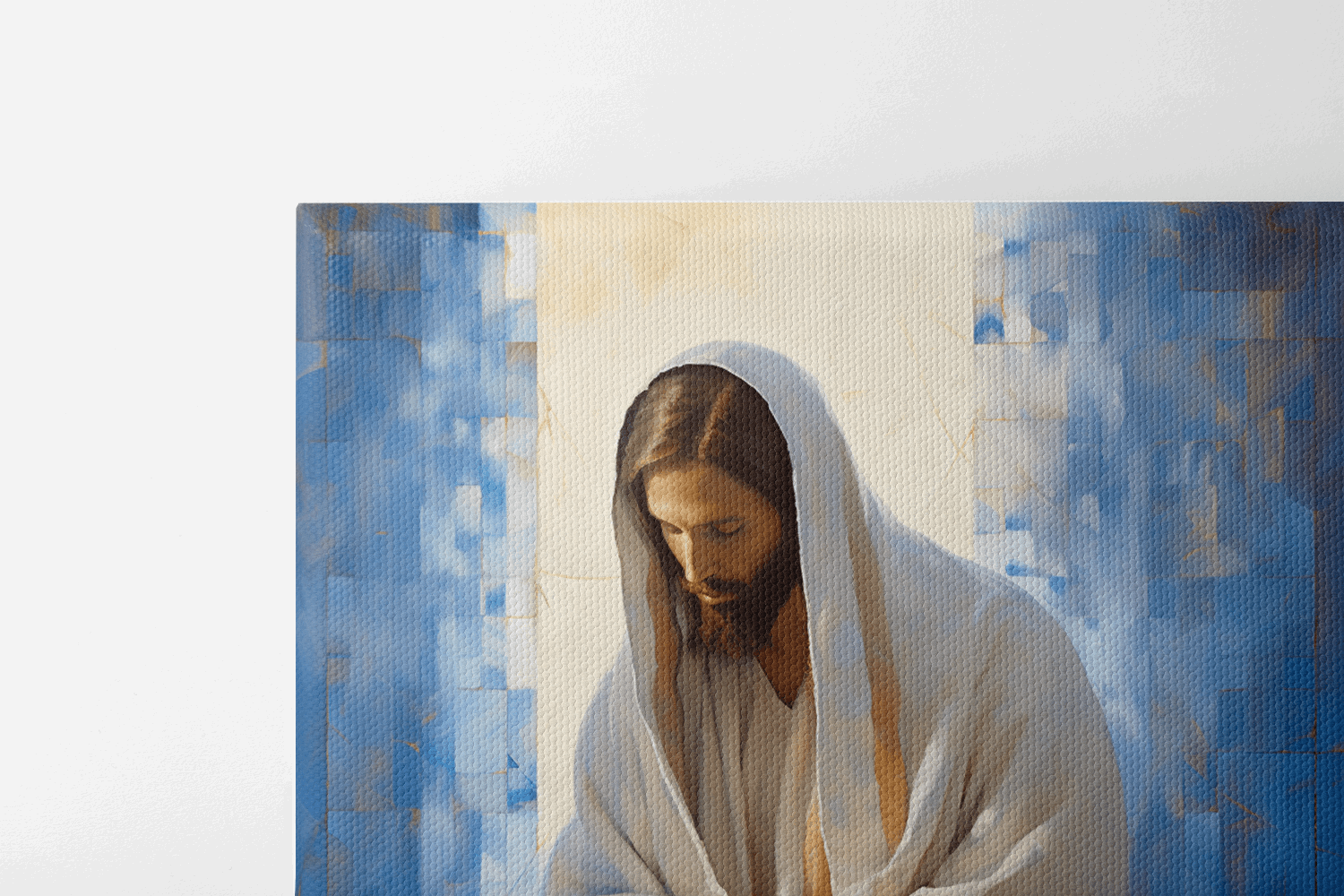 Canvas Wall Art Painting of Jesus Christ Praying in a white robe in front of abstract blue background