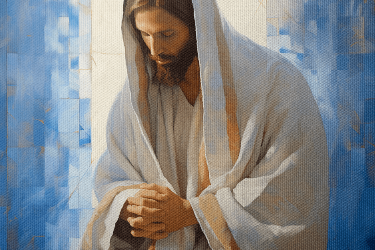 Closeup of Canvas Wall Art Painting of Jesus Christ Praying in a white robe in front of abstract blue background