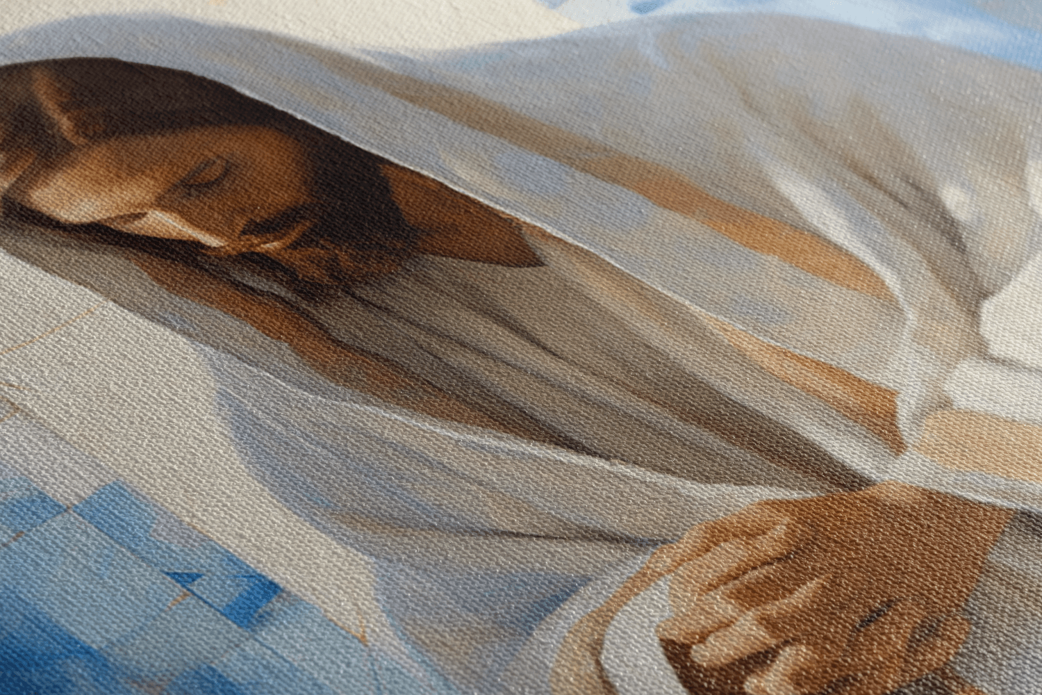 Detailed closeup of Canvas Wall Art Painting of Jesus Christ Praying in a white robe in front of abstract blue background
