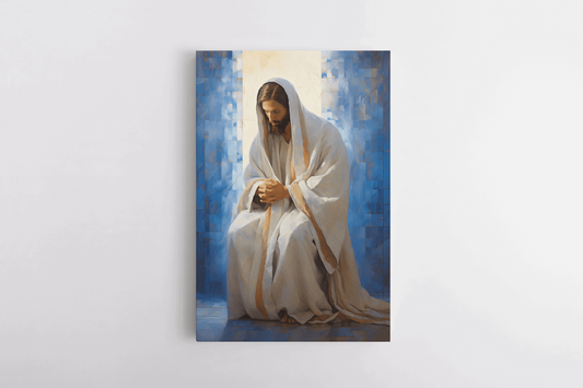 Canvas Wall Art Painting of Jesus Christ Praying in a white robe in front of abstract blue background
