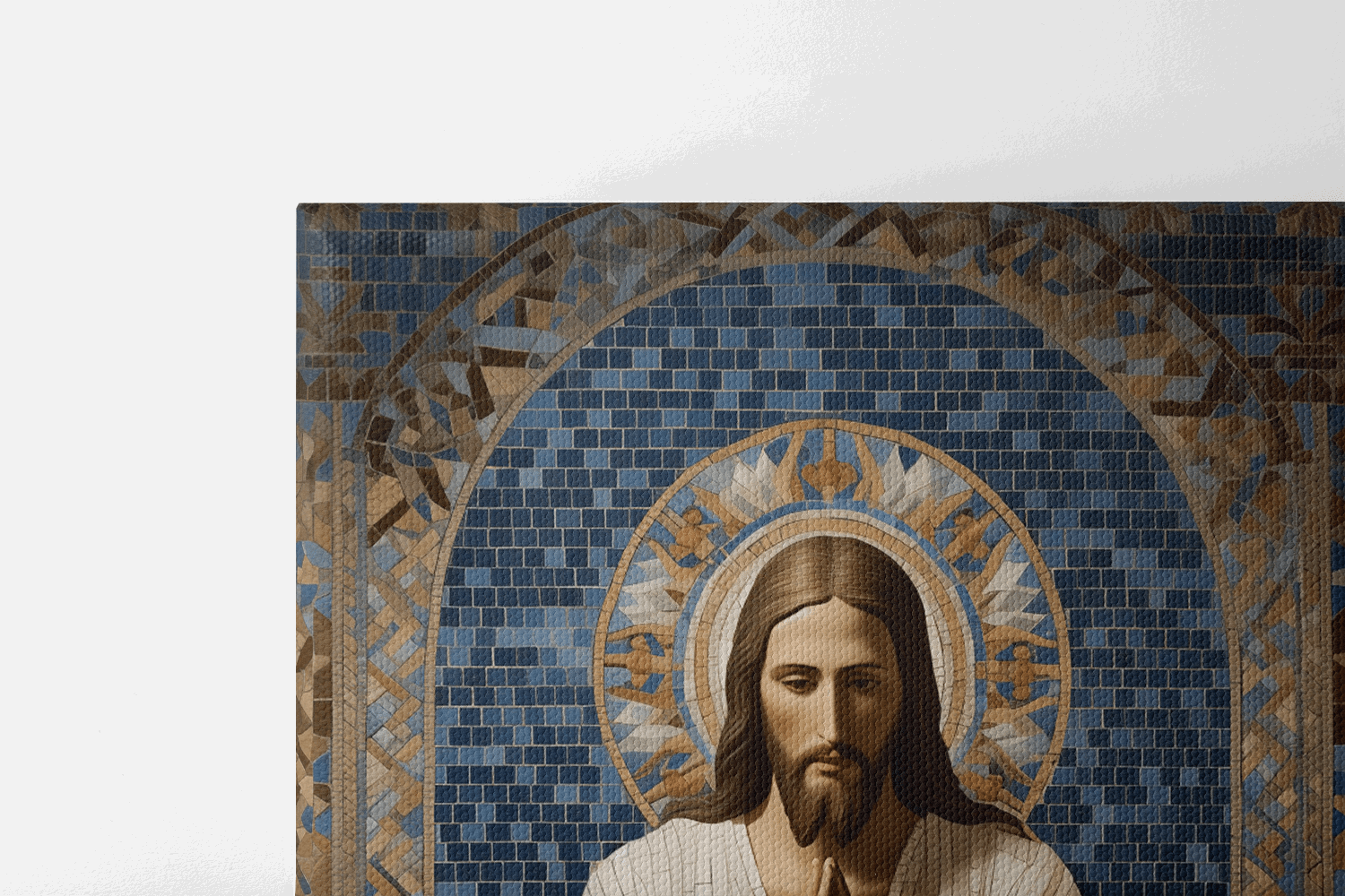 Closeup of the top half of Canvas Wall Art Mosaic style Painting of Jesus Christ praying in a chapel