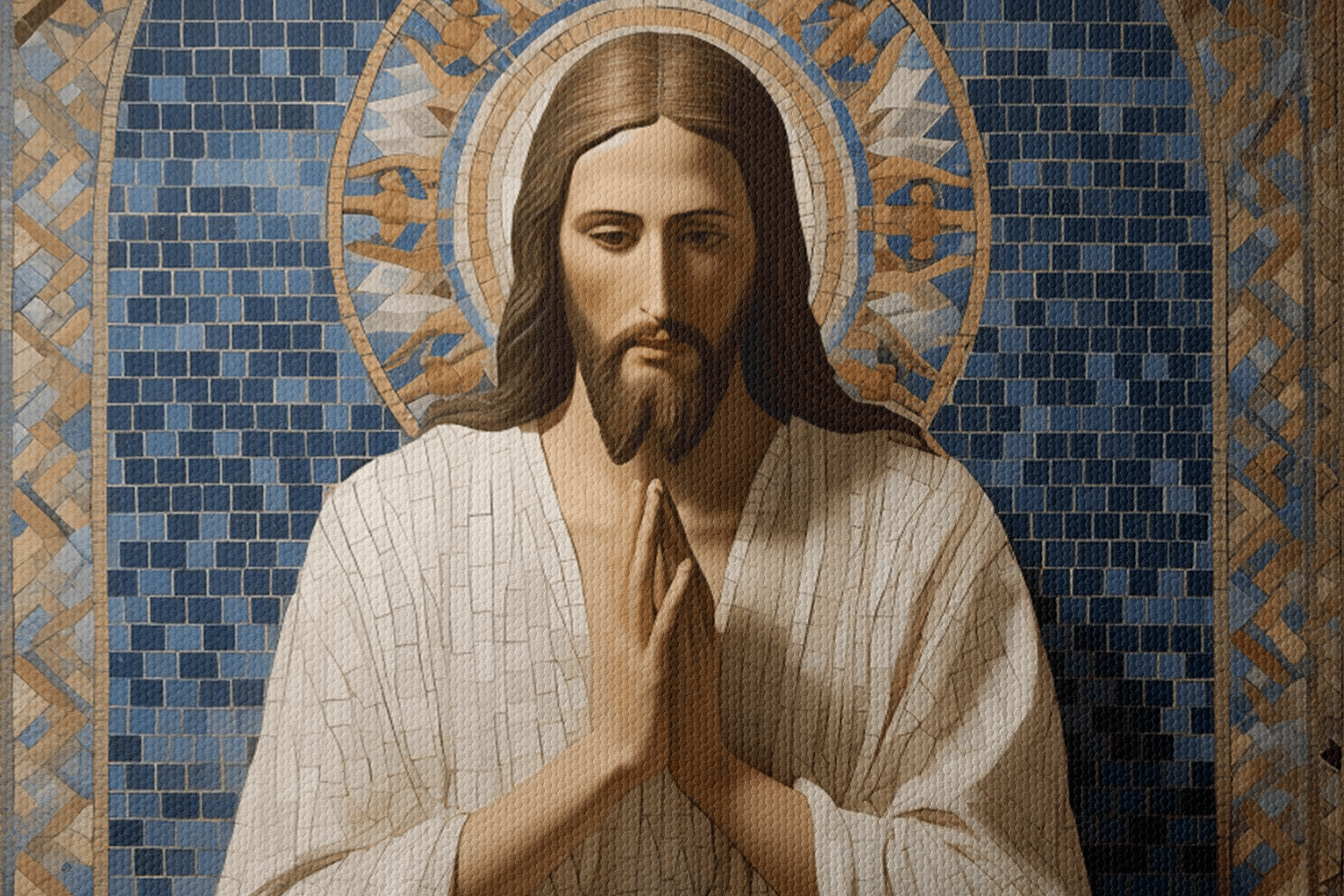 Closeup of Canvas Wall Art Mosaic style Painting of Jesus Christ praying in a chapel