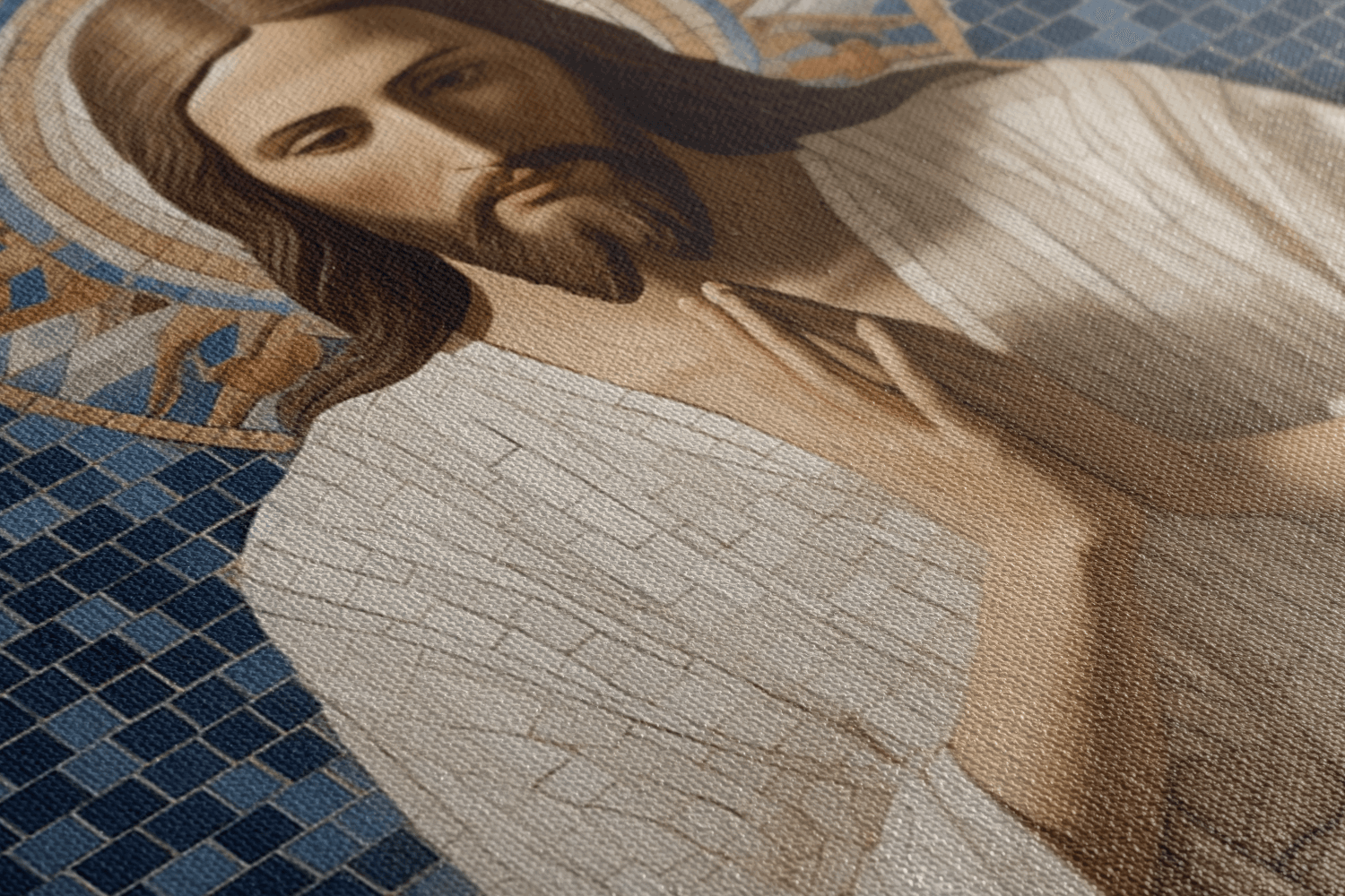Detailed closeup of Canvas Wall Art Mosaic style Painting of Jesus Christ praying in a chapel