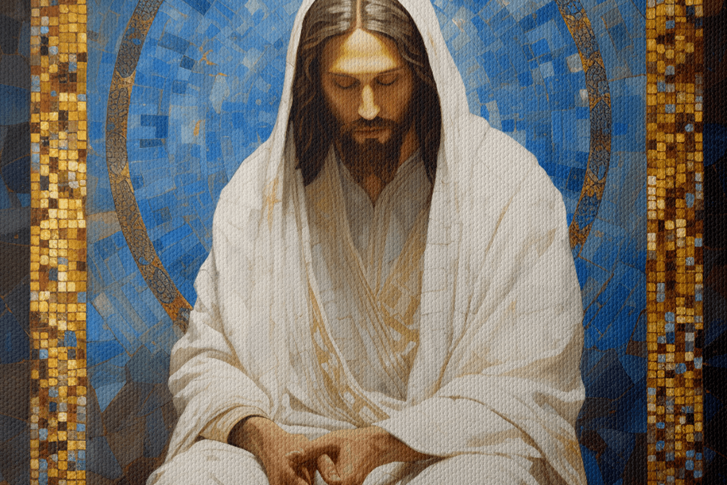 Closeup of Canvas Wall Christian Art of Jesus Christ in a white robe with gold details sitting in a mosaic chapel window
