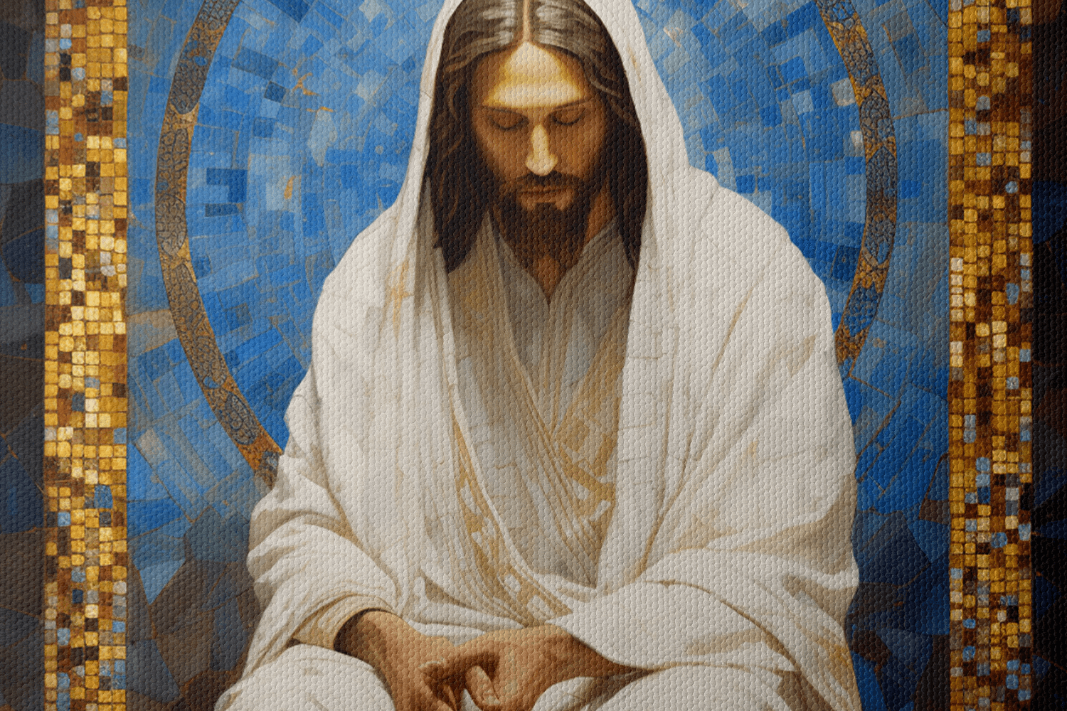 Closeup of Canvas Wall Christian Art of Jesus Christ in a white robe with gold details sitting in a mosaic chapel window