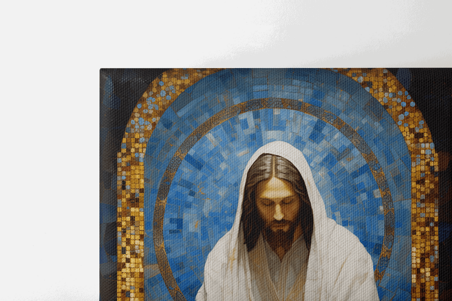 Top view of Canvas Wall Christian Art of Jesus Christ in a white robe with gold details sitting in a mosaic chapel window