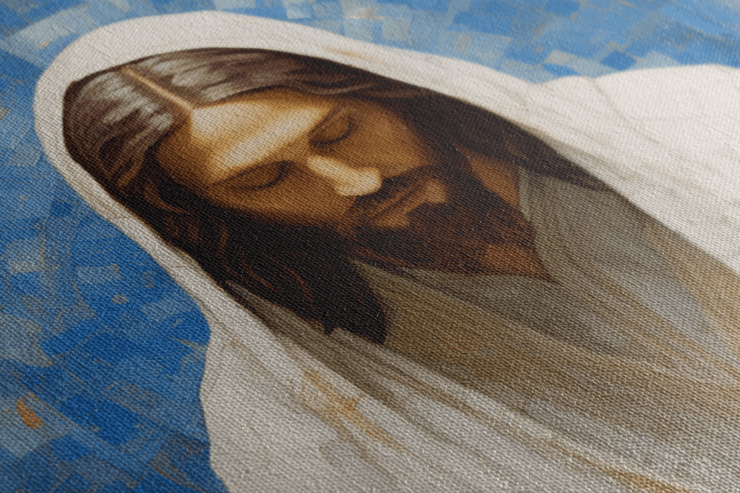 Detailed closeup of Canvas Wall Christian Art of Jesus Christ in a white robe with gold details sitting in a mosaic chapel window