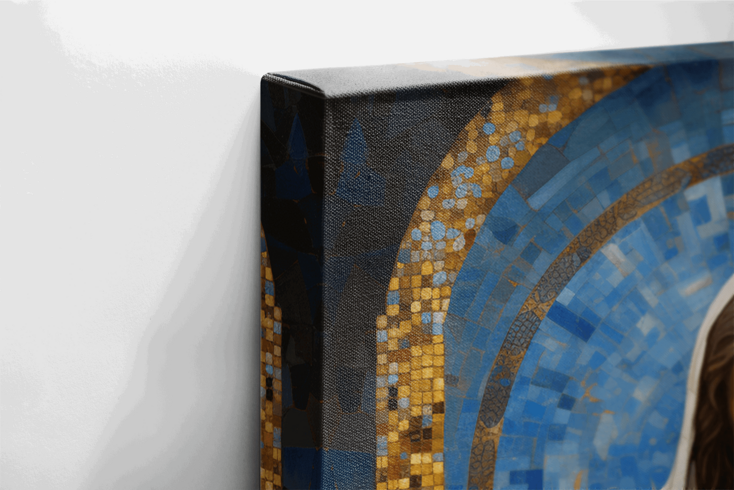 Side view of Canvas Wall Christian Art of Jesus Christ in a white robe with gold details sitting in a mosaic chapel window