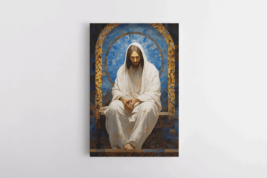 Canvas Wall Christian Art of Jesus Christ in a white robe with gold details sitting in a mosaic chapel window