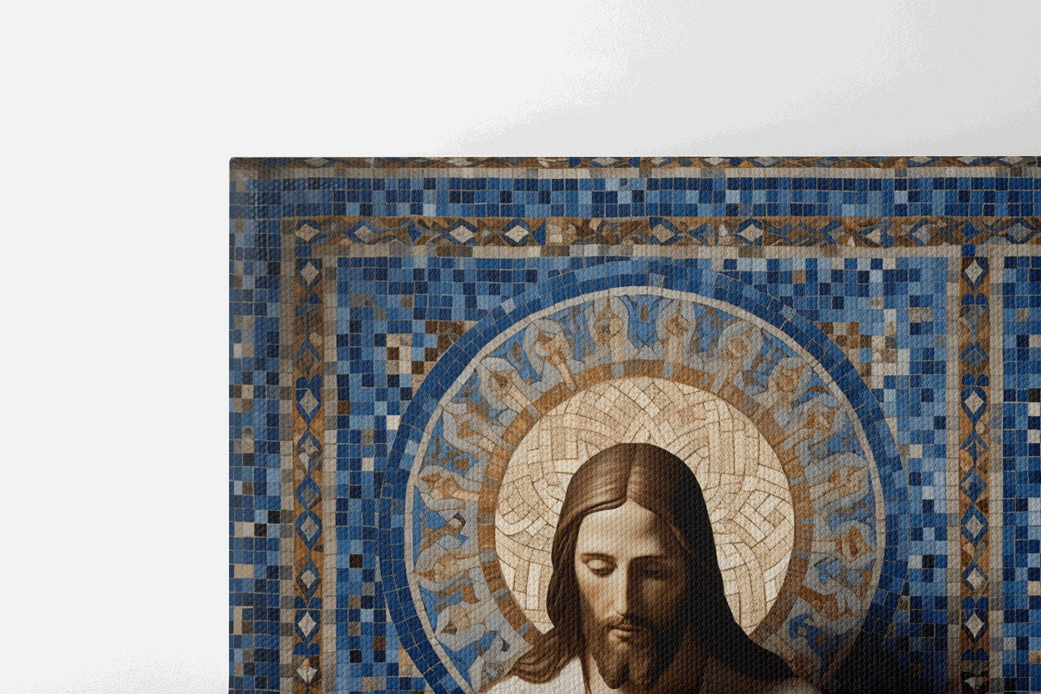 View of the top half of Canvas Wall Art Mosaic style Painting of Jesus Christ Praying in a Catholic Chapel with gold and natural tiles 