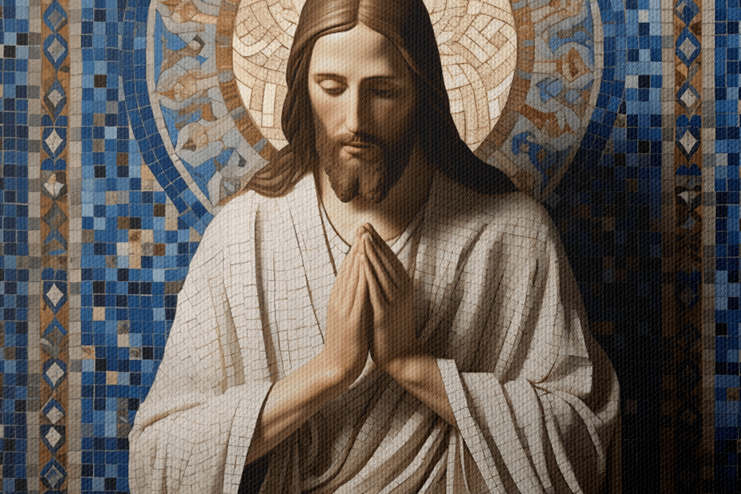 Closeup of Canvas Wall Art Mosaic style Painting of Jesus Christ Praying in a Catholic Chapel with gold and natural tiles 