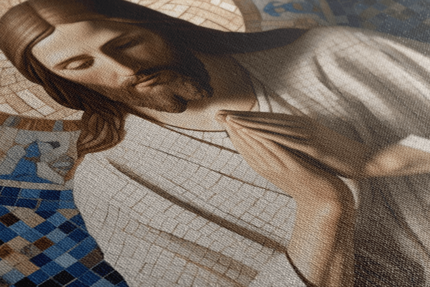 Detailed closeup of Canvas Wall Art Mosaic style Painting of Jesus Christ Praying in a Catholic Chapel with gold and natural tiles 