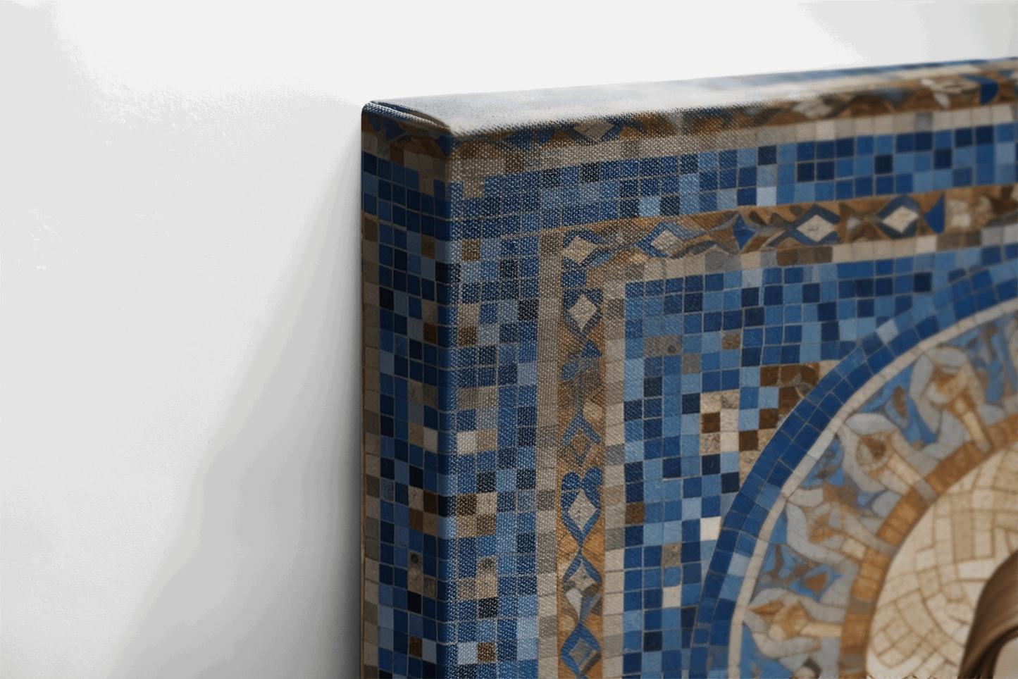 Side view of Canvas Wall Art Mosaic style Painting of Jesus Christ Praying in a Catholic Chapel with gold and natural tiles 