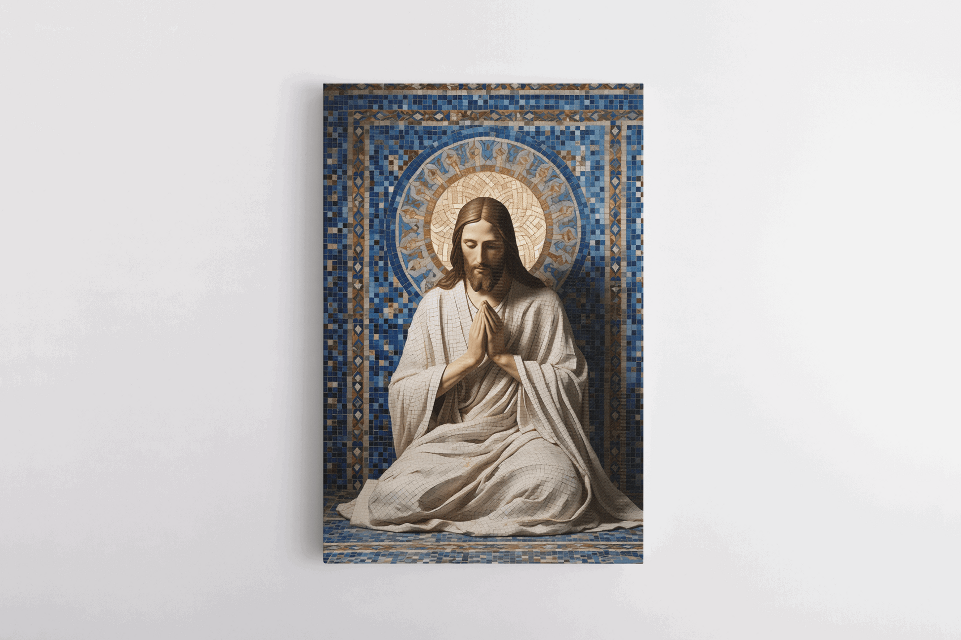 Canvas Wall Art Mosaic style Painting of Jesus Christ Praying in a Catholic Chapel with gold and natural tiles 