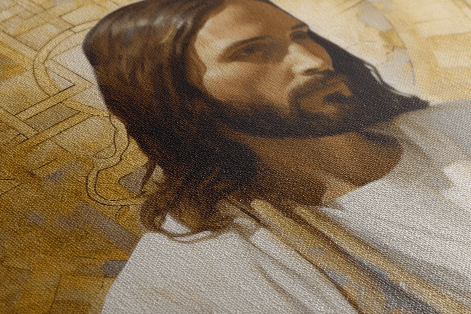 Detailed closeup of Canvas Wall Art Christian Decor of a painting of Jesus Christ holding Bible, the background is abstract mosaic style with shades of blue with golden halo