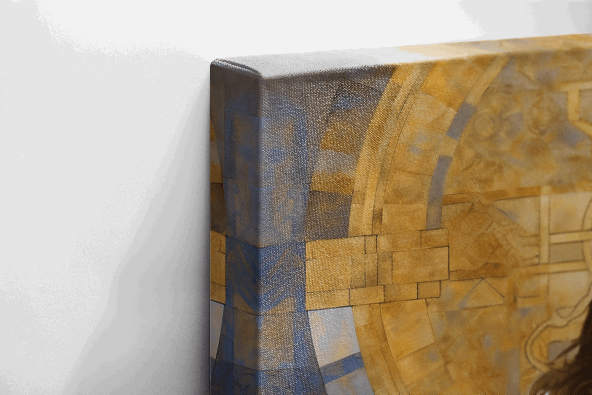 Side view of Canvas Wall Art Christian Decor of a painting of Jesus Christ holding Bible, the background is abstract mosaic style with shades of blue with golden halo