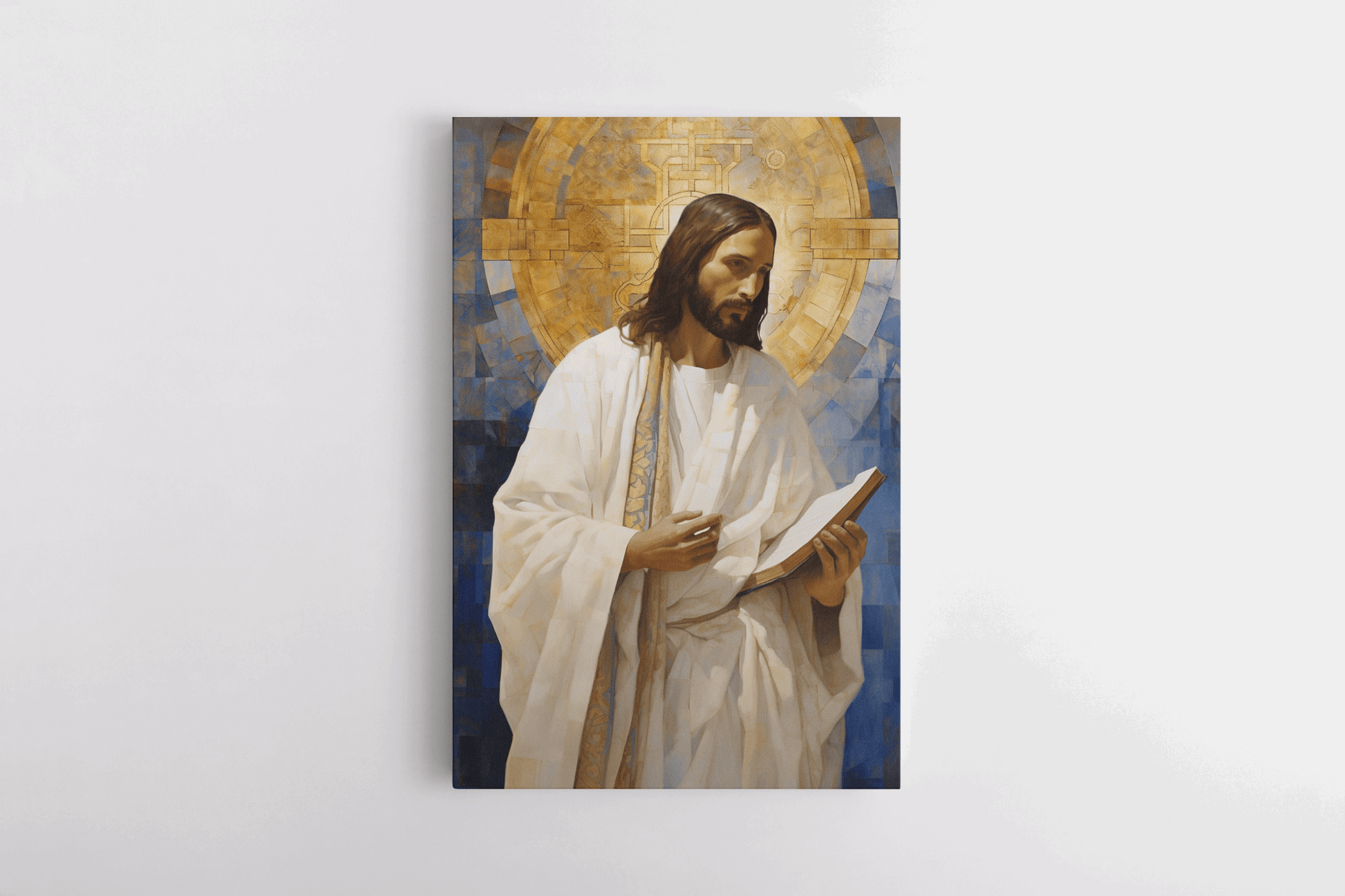 Canvas Wall Art Christian Decor of a painting of Jesus Christ holding Bible, the background is abstract mosaic style with shades of blue with golden halo