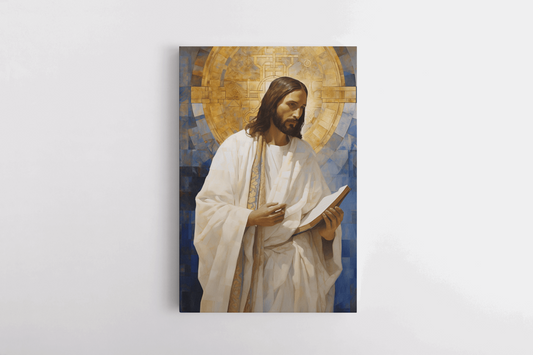 Canvas Wall Art Christian Decor of a painting of Jesus Christ holding Bible, the background is abstract mosaic style with shades of blue with golden halo