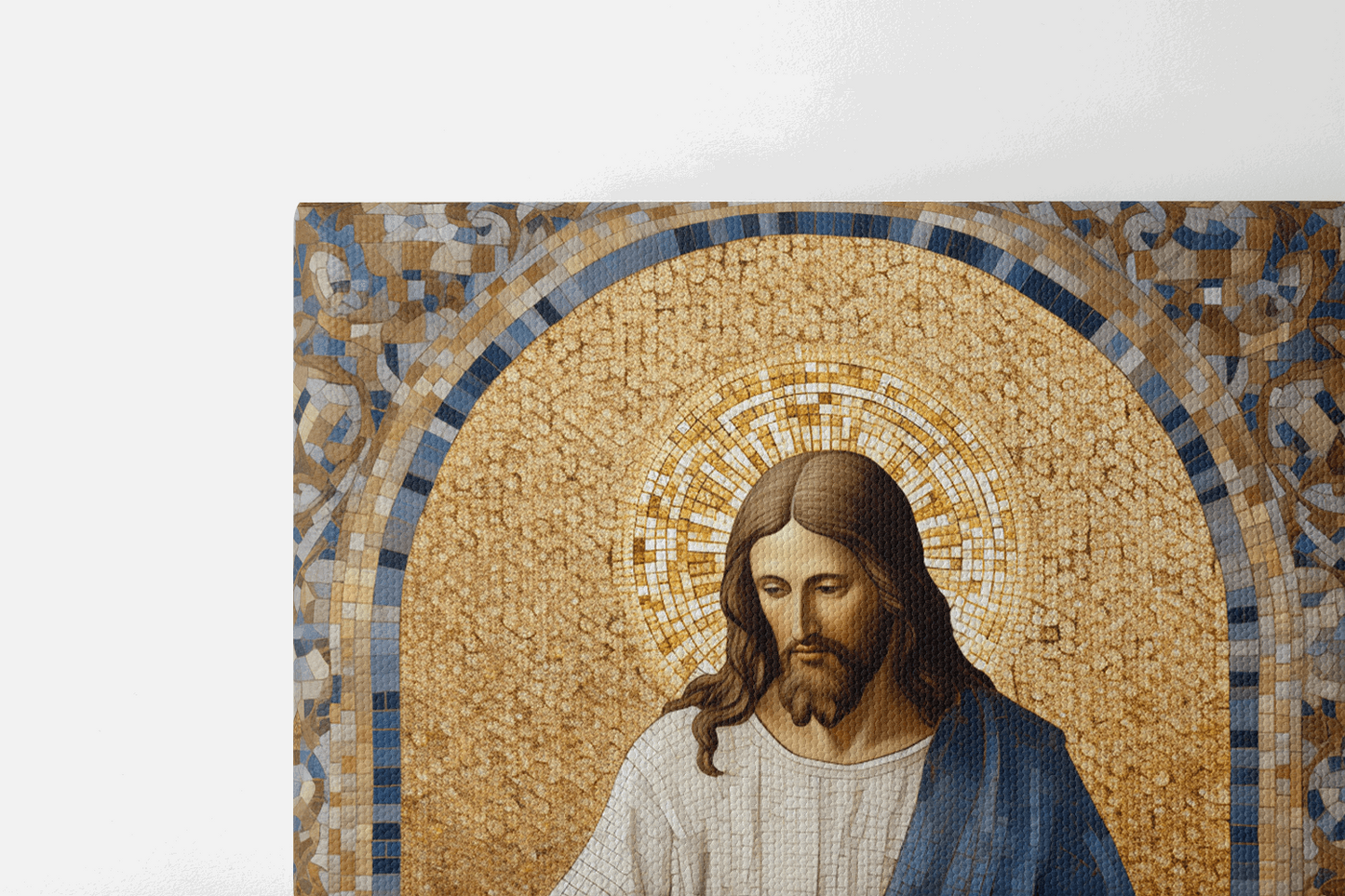 Closeup of Canvas Wall Art Mosaic Style Painting of Jesus Christ Reading Bible in front of gold wall