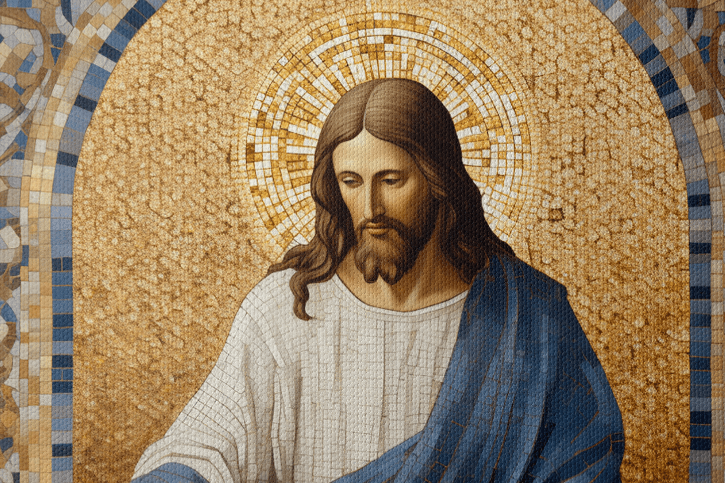 Closeup of Canvas Wall Art Mosaic Style Painting of Jesus Christ Reading Bible