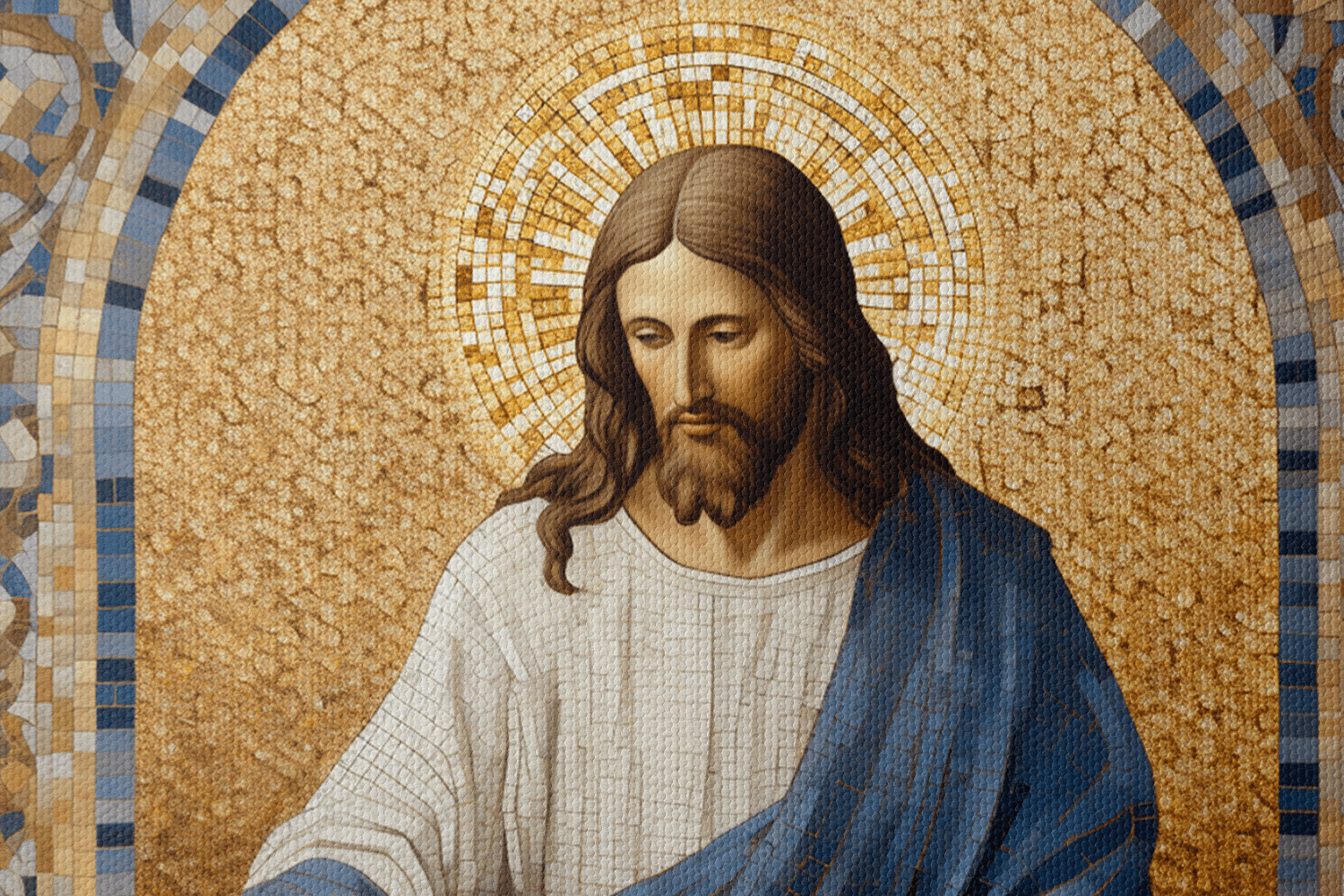 Closeup of Canvas Wall Art Mosaic Style Painting of Jesus Christ Reading Bible