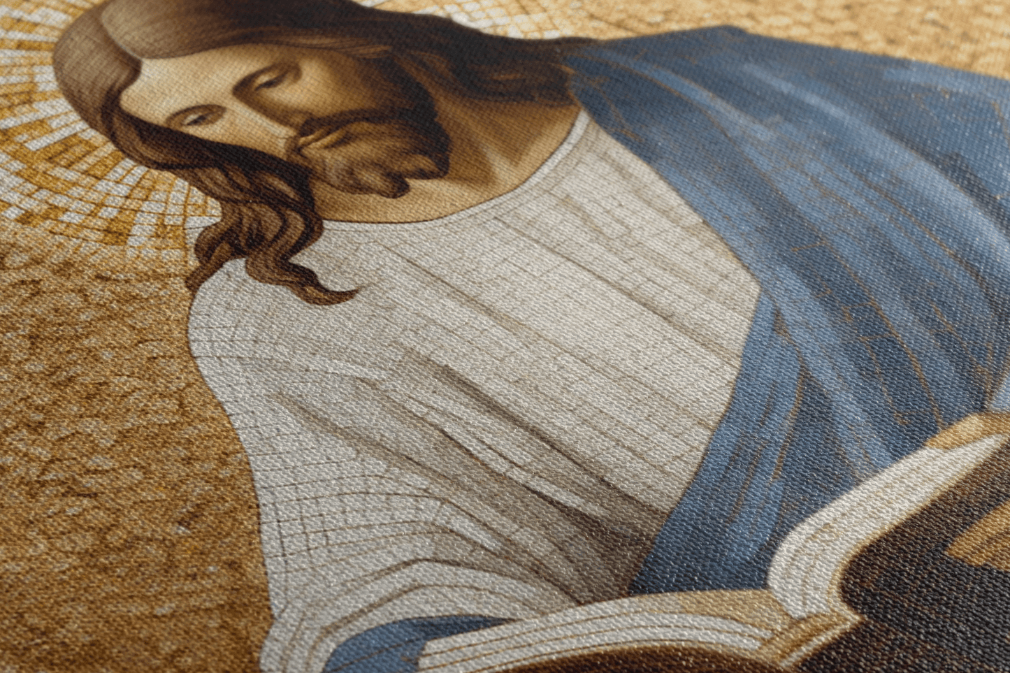 Detailed closeup of Canvas Wall Art Mosaic Style Painting of Jesus Christ Reading Bible