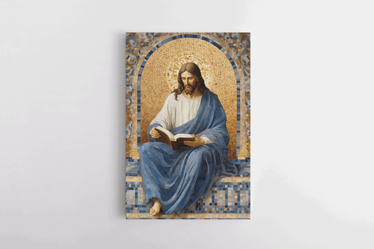 Canvas Wall Art Mosaic Style Painting of Jesus Christ Reading Bible