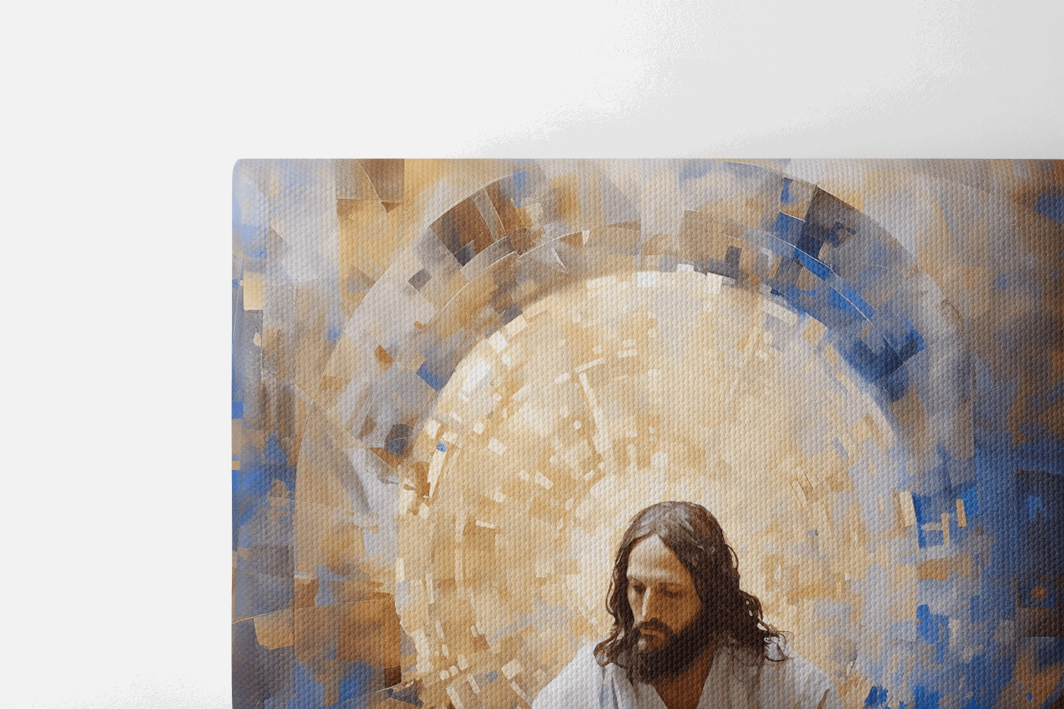 Closeup of Painted Canvas Wall Art Oil Painting of Jesus Christ sitting in front of a abstract mosaic wall