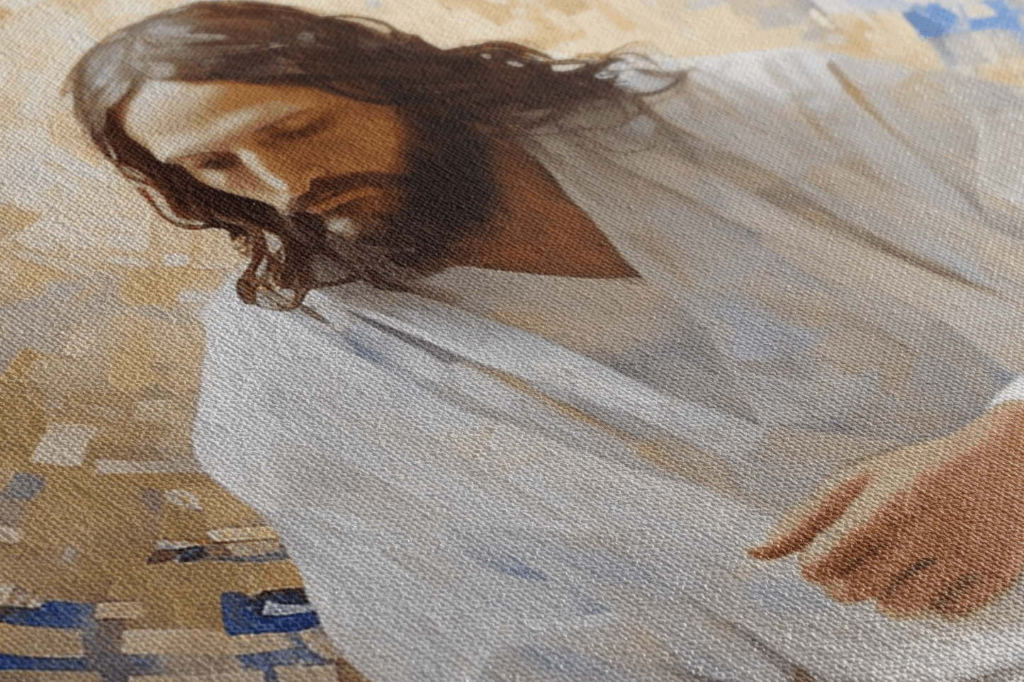 Detailed closeup of Canvas Wall Art Oil Painting of Jesus Christ sitting in front of a abstract mosaic wall