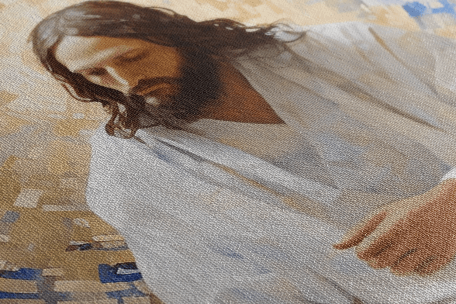 Detailed closeup of Canvas Wall Art Oil Painting of Jesus Christ sitting in front of a abstract mosaic wall