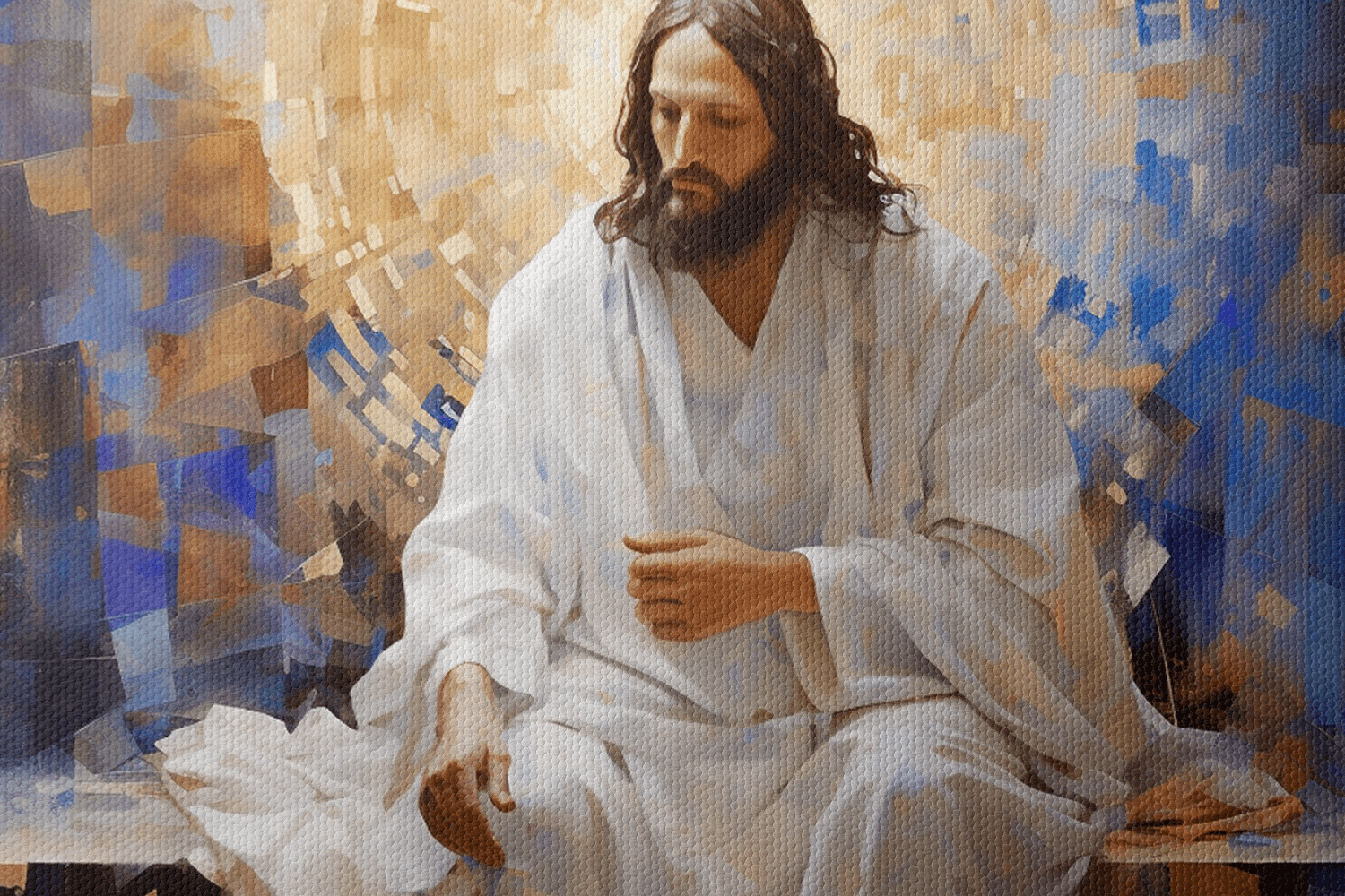 Closeup of Canvas Wall Art Oil Painting of Jesus Christ sitting in front of a abstract mosaic wall