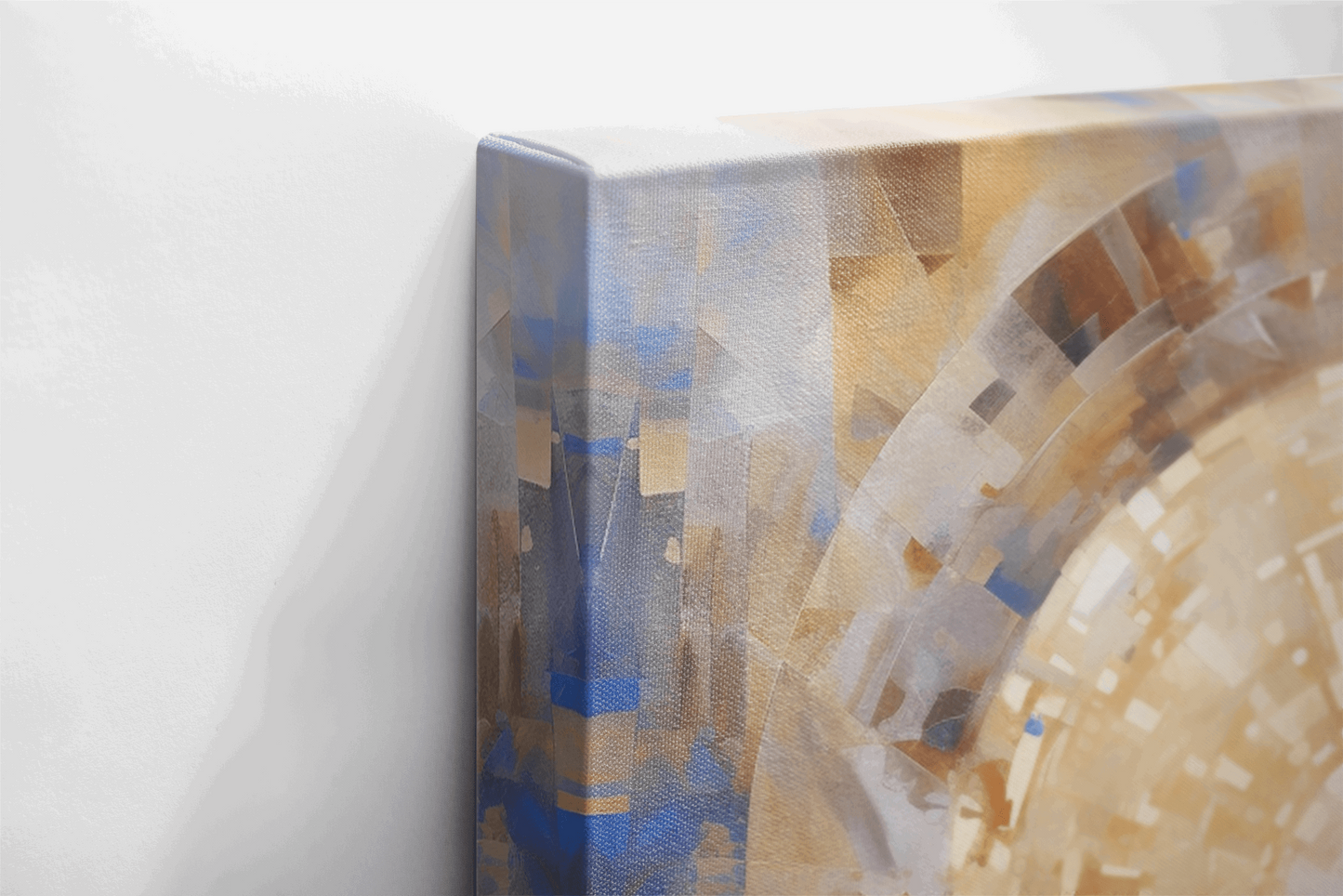 Side View of a Canvas Wall Art Oil Painting of Jesus Christ sitting in front of a abstract mosaic wall