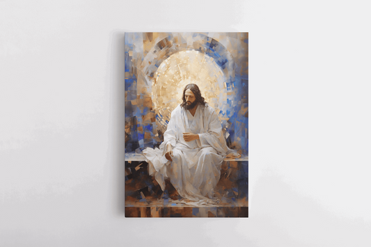 Canvas Wall Art Oil Painting of Jesus Christ sitting in front of a abstract mosaic wall