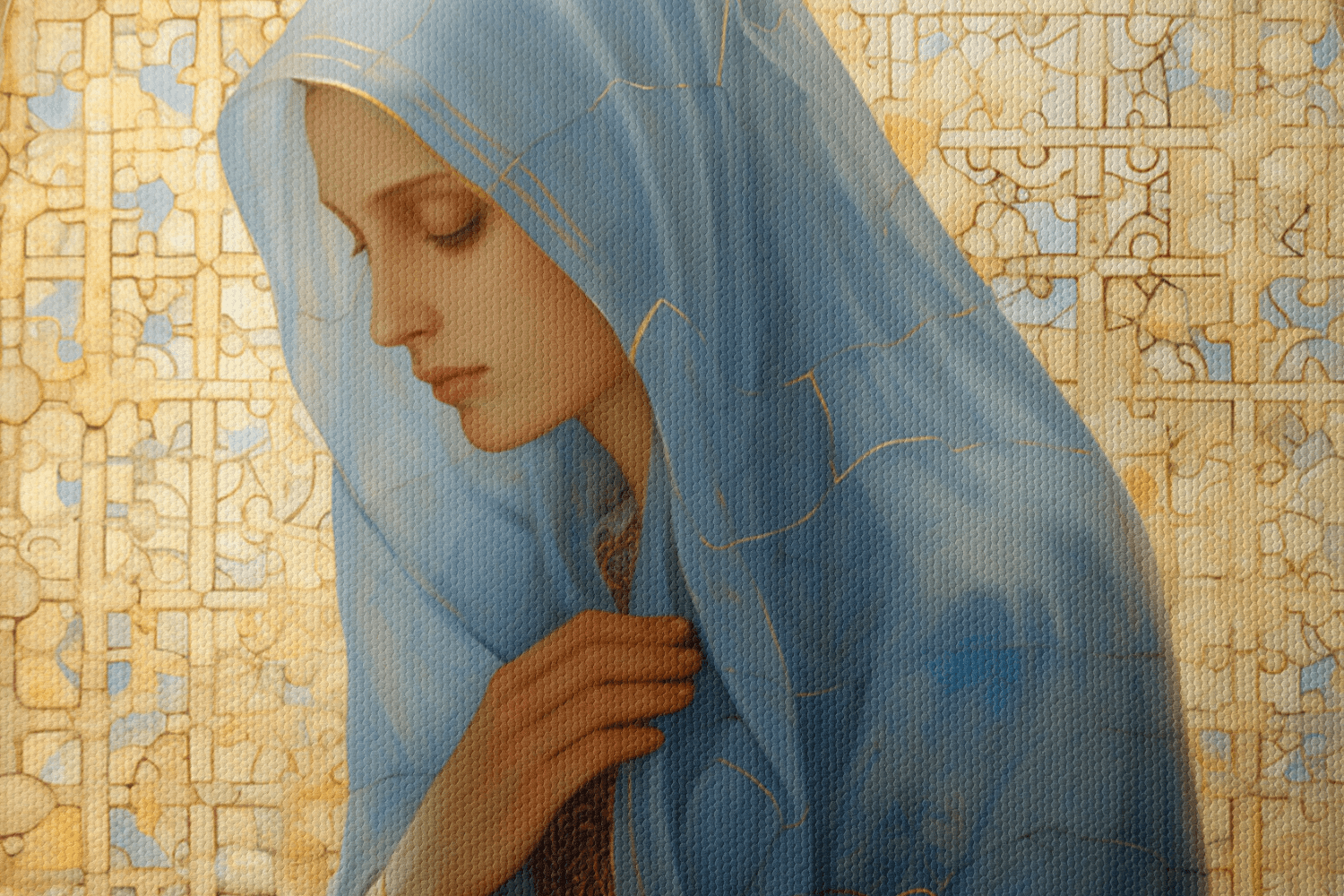 Closeup of Canvas Wall Art Oil Painting of Mary Magdalene praying in a Christian Chapel