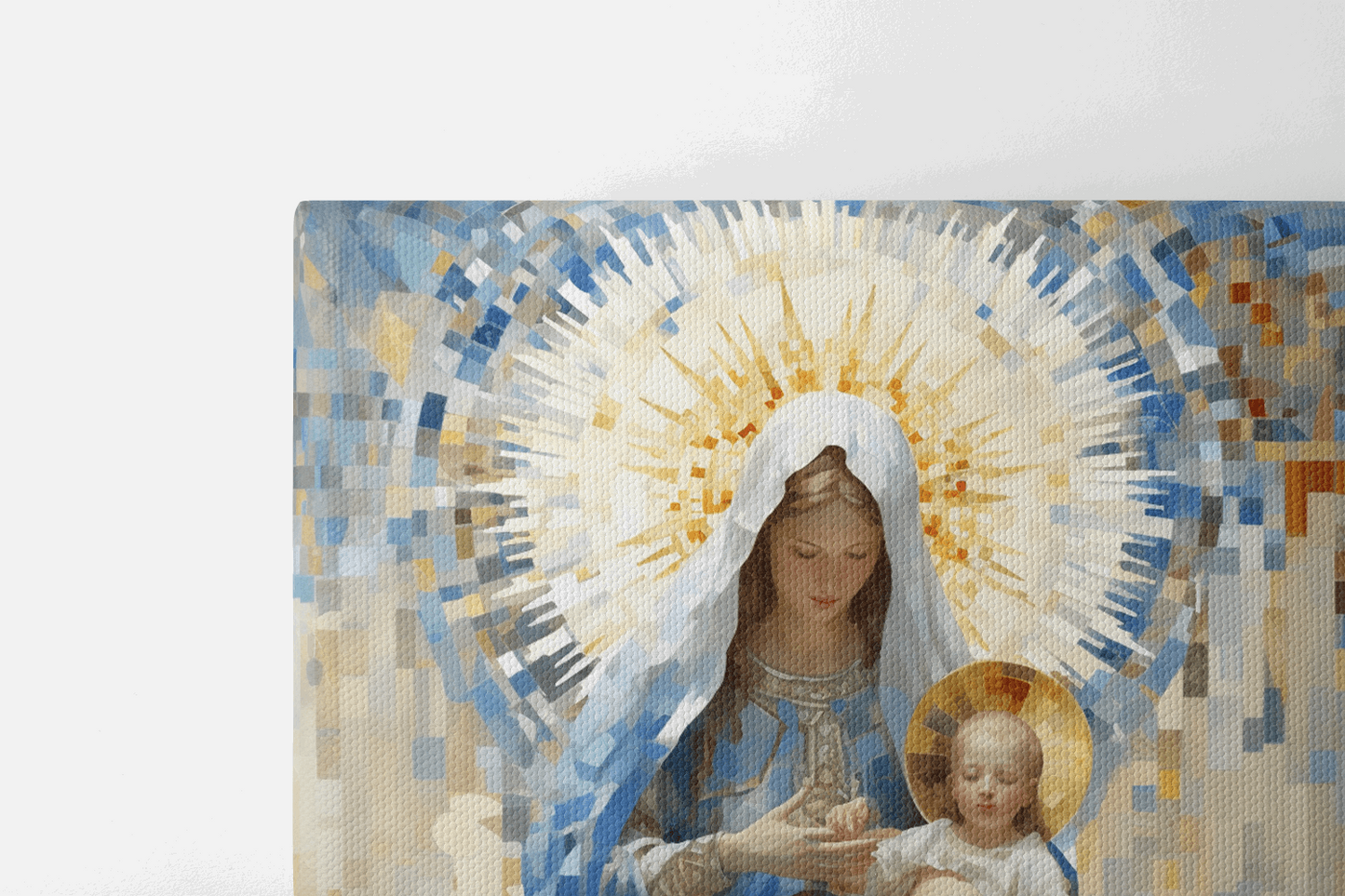 Closeup of a canvas with a painting of Mary Mother of God holding baby Jesus while two angels stand behind them
