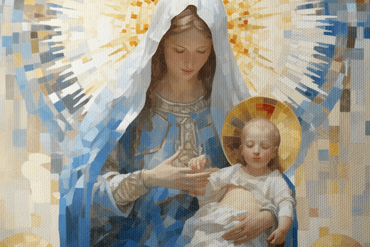 Closeup of Mary Mother of God holding baby Jesus