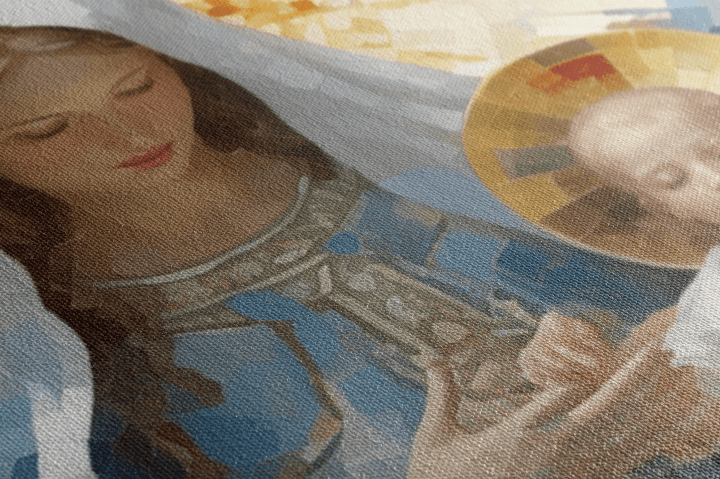 Tilted closeup of Mary Mother of God holding baby Jesus