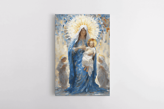 Mary Mother of God holding baby Jesus while two angels stand behind them