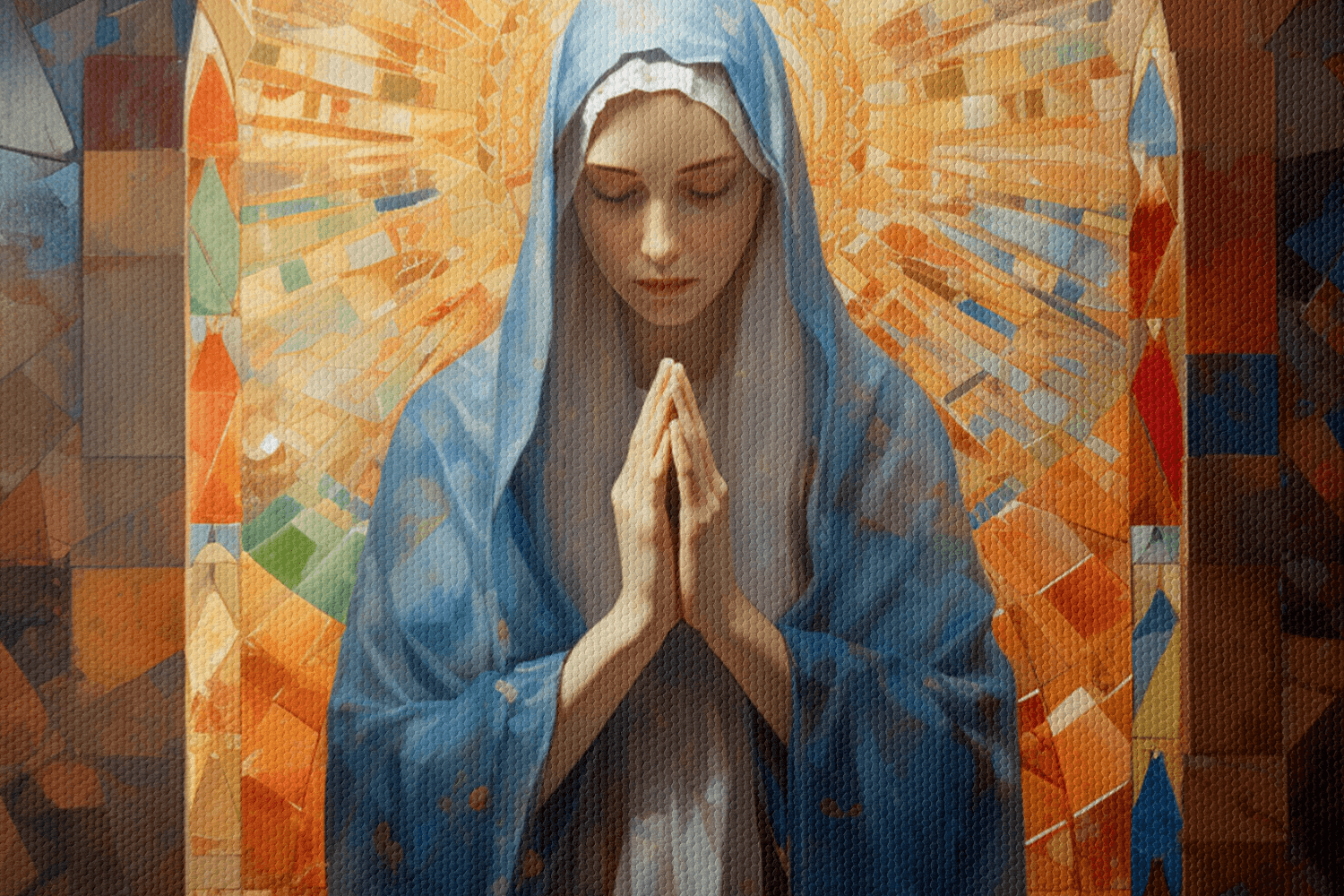 Closeup of Canvas Wall Art of a painting of Mary Virgin of God praying in a Catholic Chapel