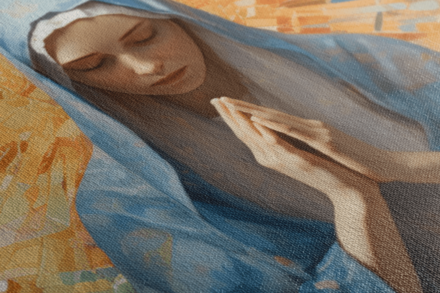 Detailed closeup of Canvas Wall Art of a painting of Mary Virgin of God praying in a Catholic Chapel