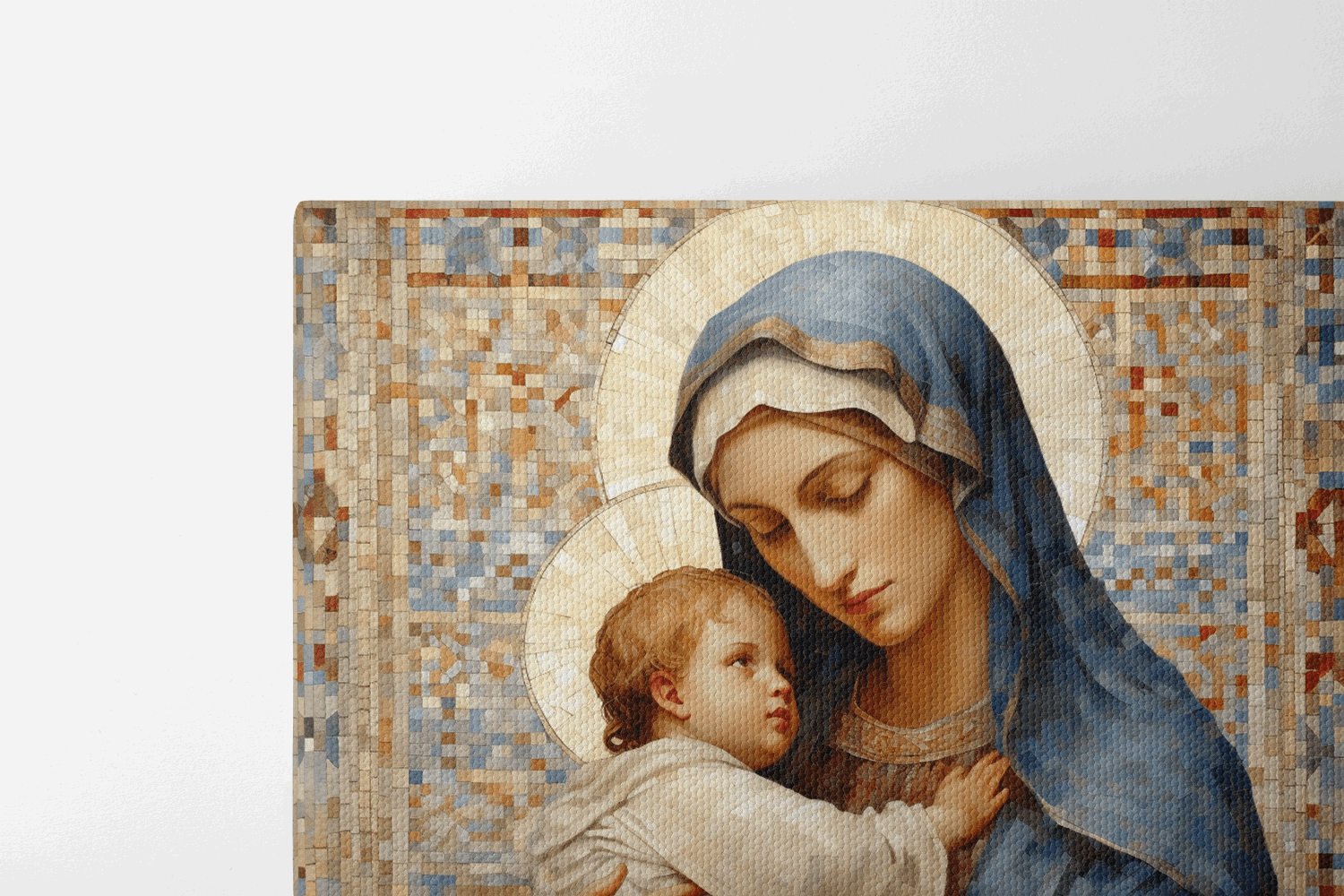 Closeup of the top part of Canvas Wall Art Mosaic style painting of Mary Mother of God holding Baby Jesus in her arms