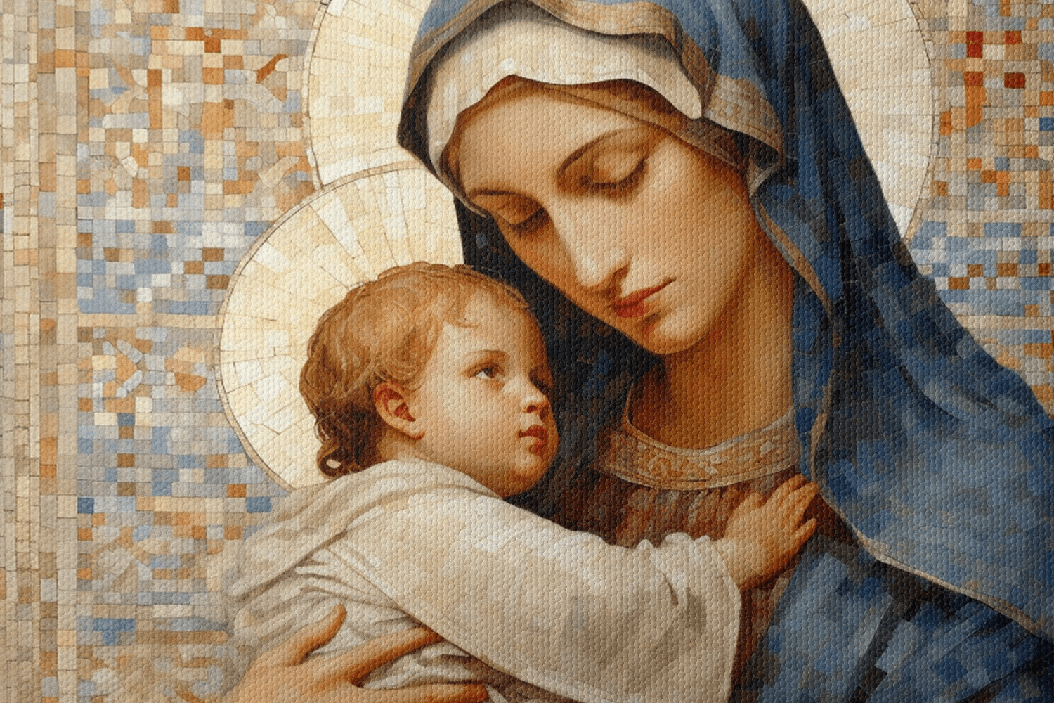 Closeup of Canvas Wall Art Mosaic style painting of Mary Mother of God holding Baby Jesus in her arms