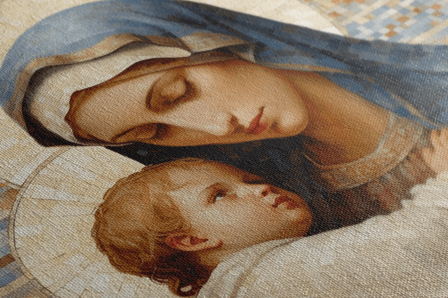 Detailed closeup of Canvas Wall Art Mosaic style painting of Mary Mother of God holding Baby Jesus in her arms